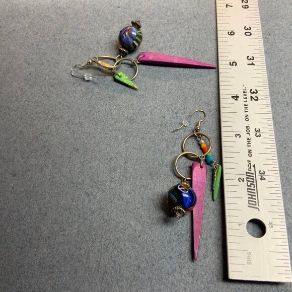 Asymmetrical Dangle Pierced Earrings Silver Green Purple Blue Orange Yellow Red - Picture 4 of 4
